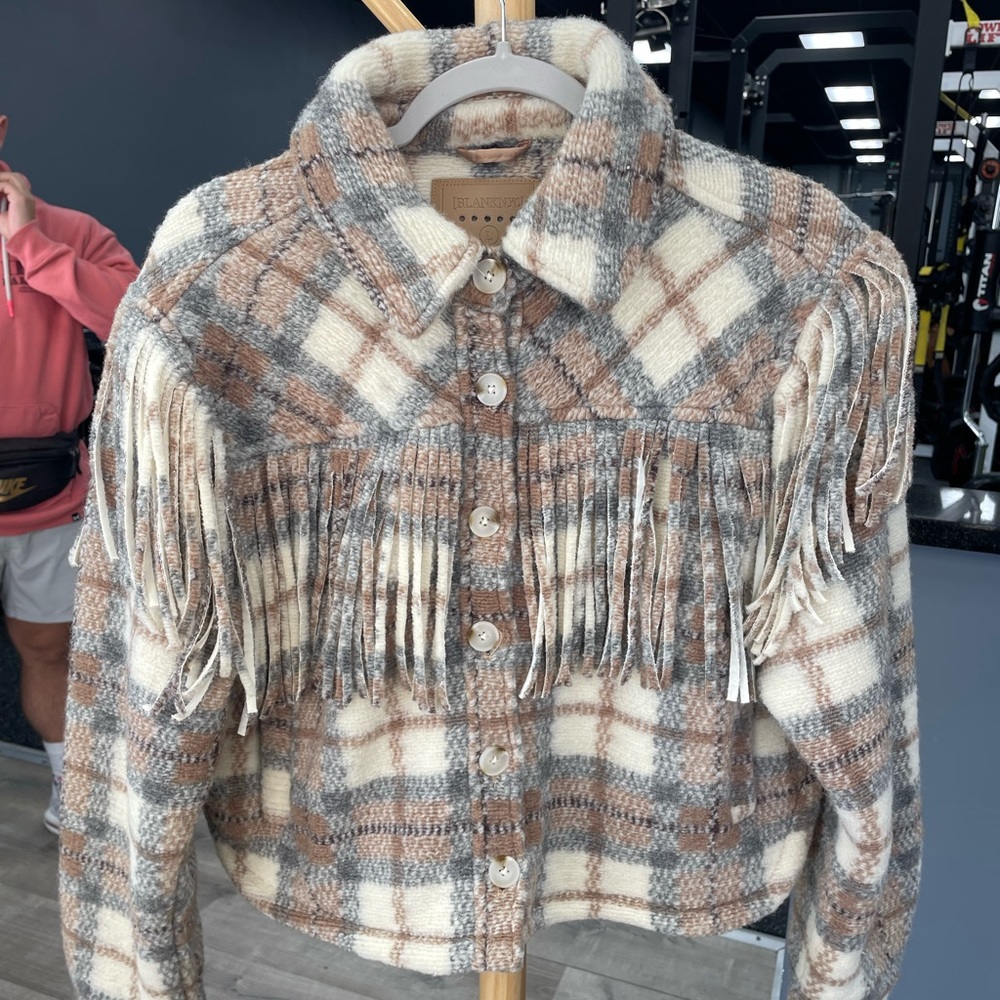 BlankNYC fringe jacket. Boho & trendy style.